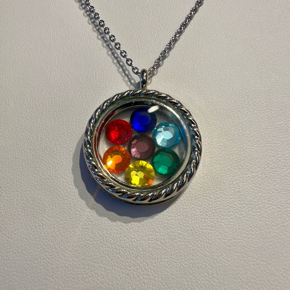 Effy Stainless Steel circle locket Swarovski Rainbow necklace chakra